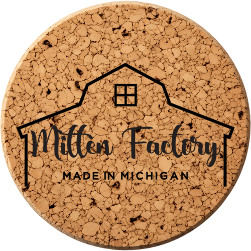 Cork coaster with Mitten Factory logo